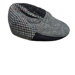 Patchwork Flat Cap‎ M/L Wool Blend Herringbone Houndstooth Design Newsboy Retro